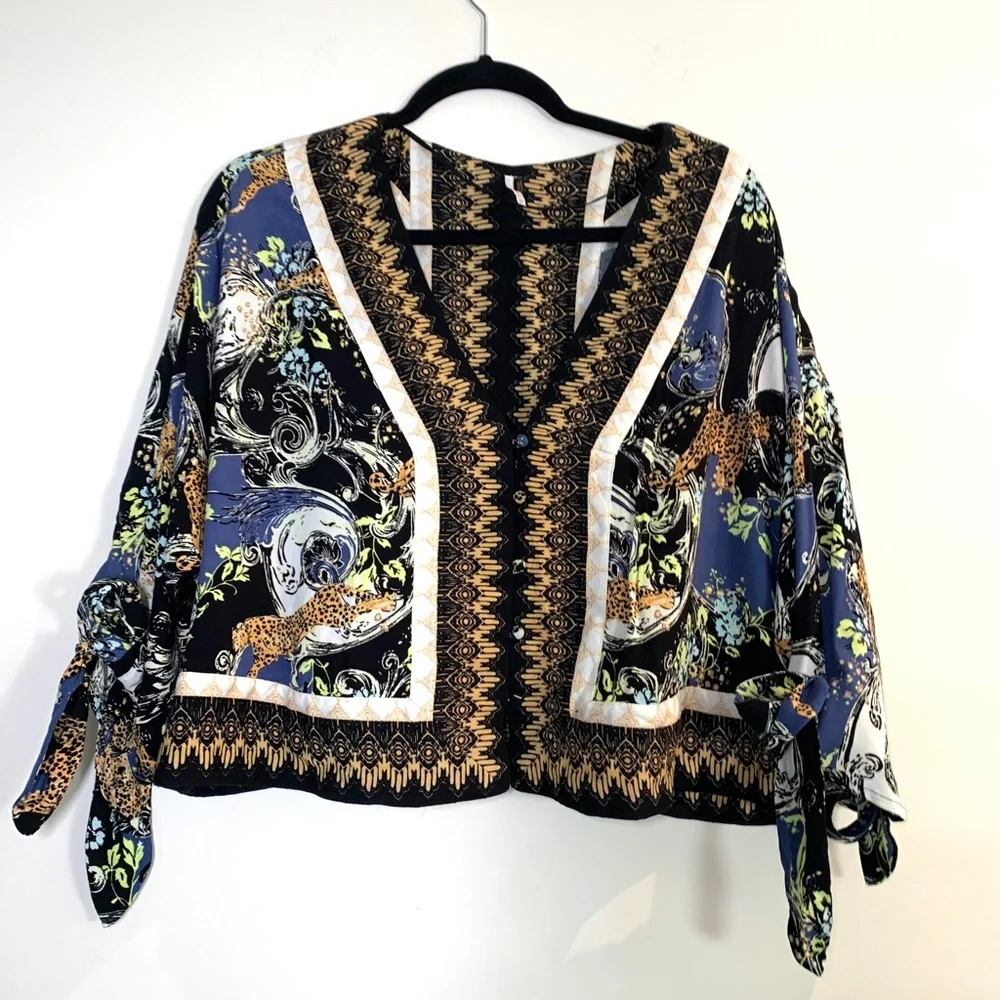 Free People Leopard Baroque Top XS Womens Blouse Tie Sleeve Boho Festival Artsy